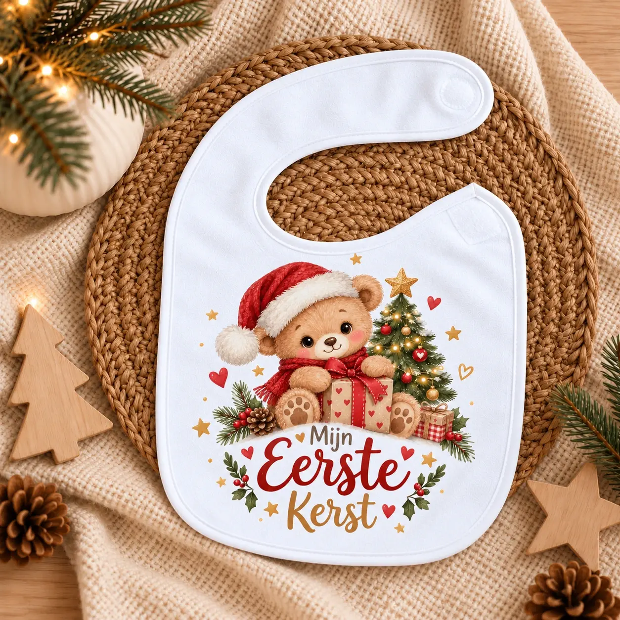 Wit kerst slabbetje Mijn eerste kerst met kerstman en rendier