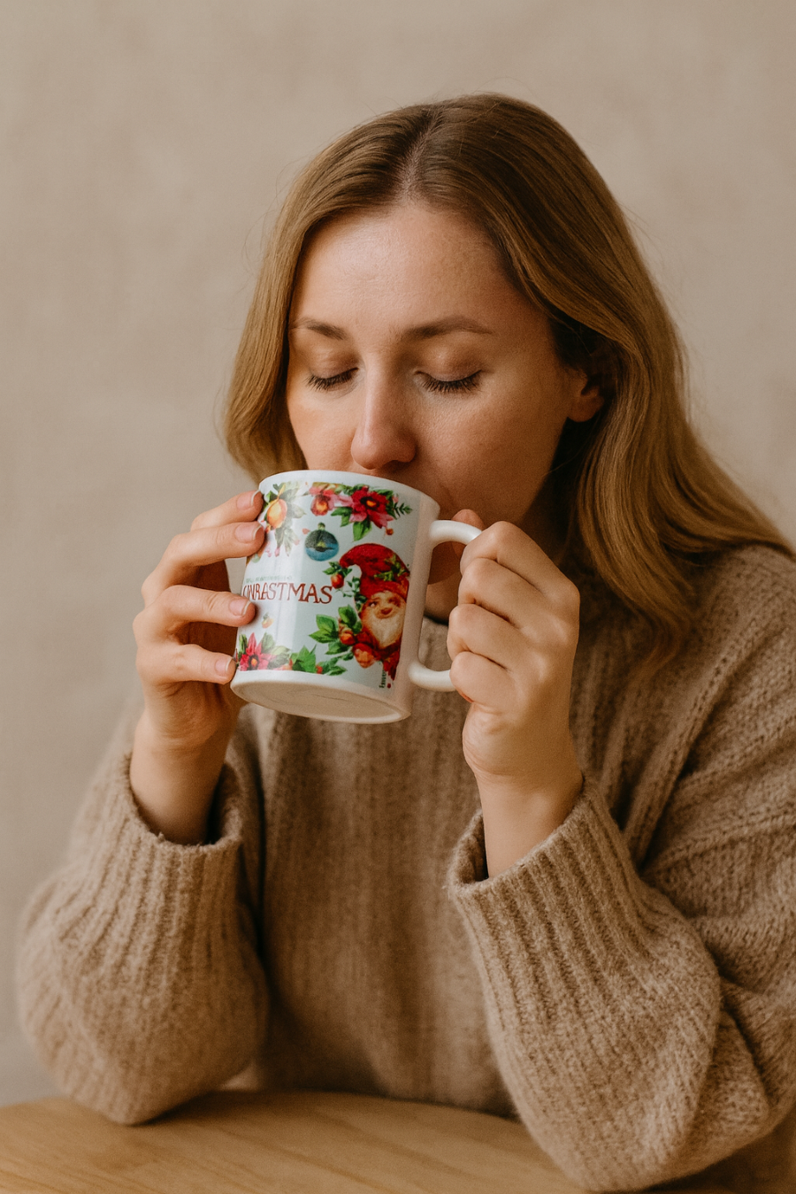 kerst mok met afbeelding van een gnome in de kleuren groen en rood