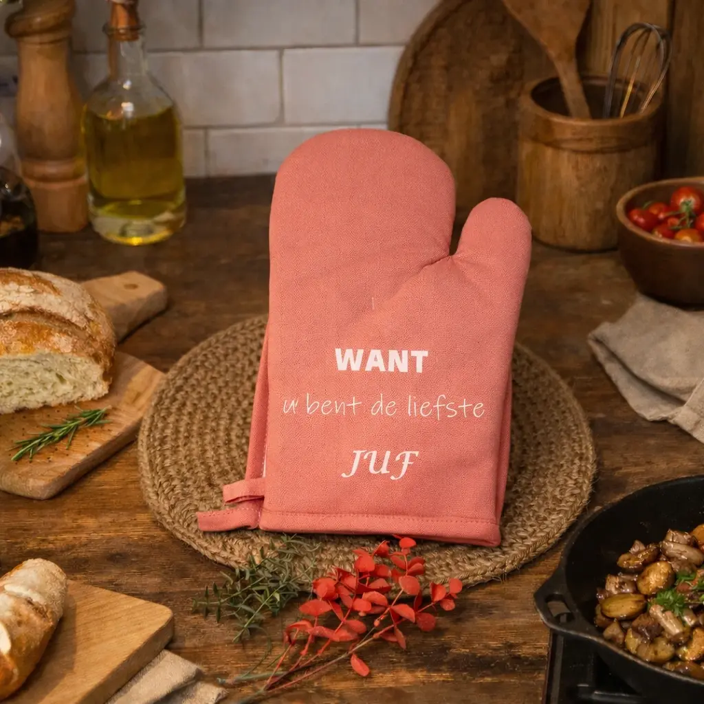 Ovenwant met tekst juf of meester roze