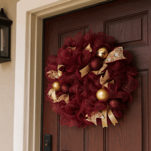 Kerstkrans in de kleur wijnrood met goud