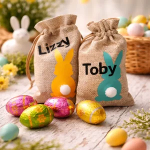 paaseitjes zakjes van jute met naam