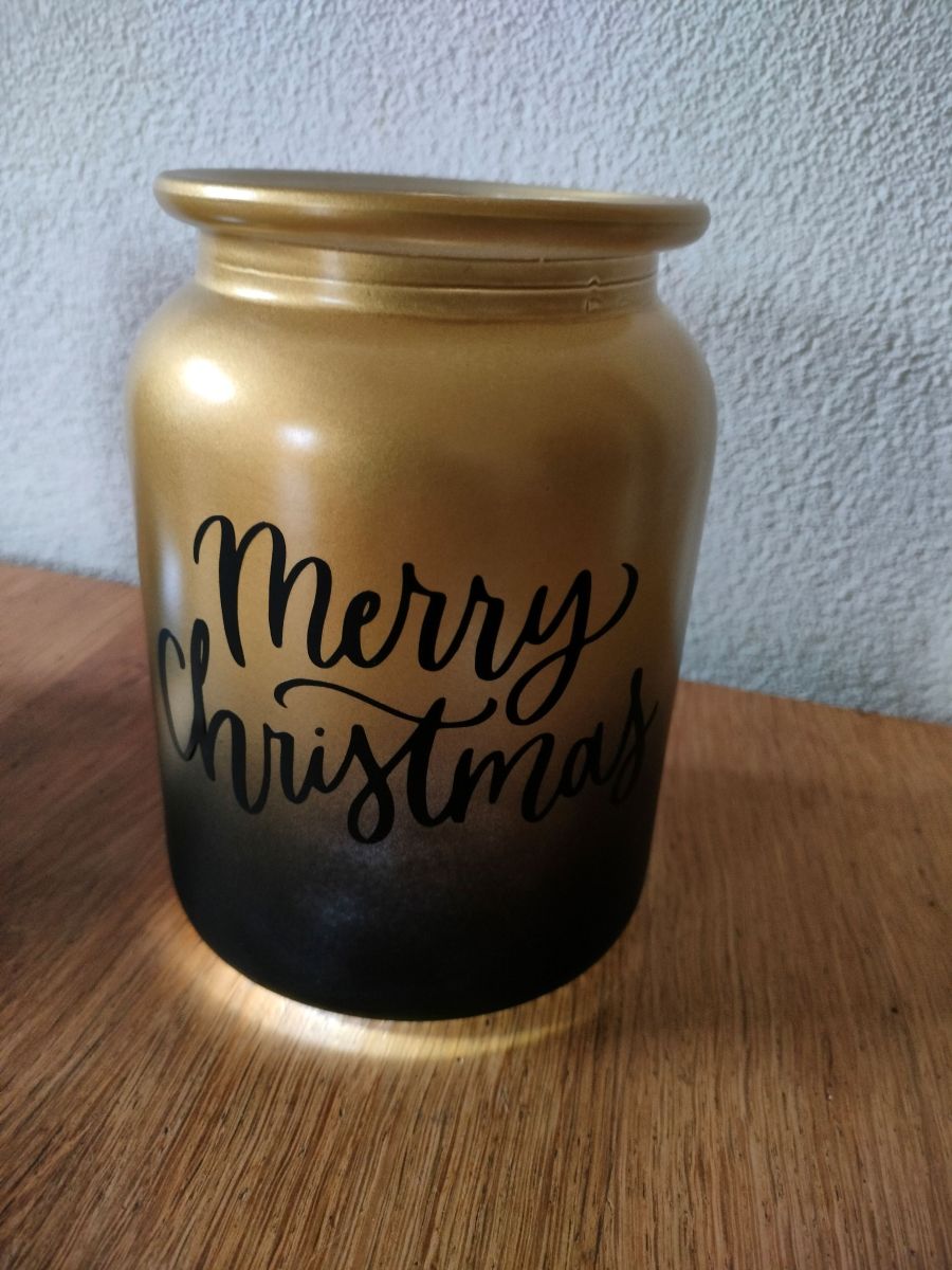 Windlicht kerstmis in de kleur goud en zwart met zwarte tekst