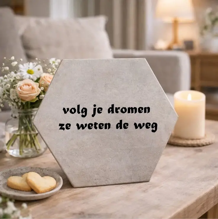 hexagon tegel met tekst beige