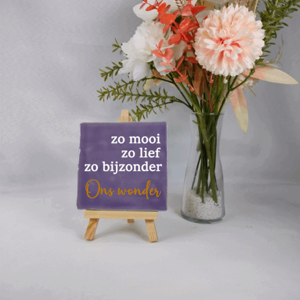 Tegeltje met tekst 10x10cm in de kleur paars