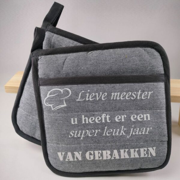Pannenlap met tekst voor de meester als bedankje eind schooljaar