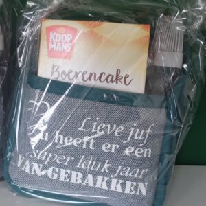 Pannenlap met tekst voor de meester of juf als bedankje eindschooljaar
