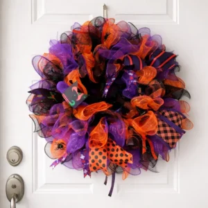 Halloweenkrans paars, oranje en zwart