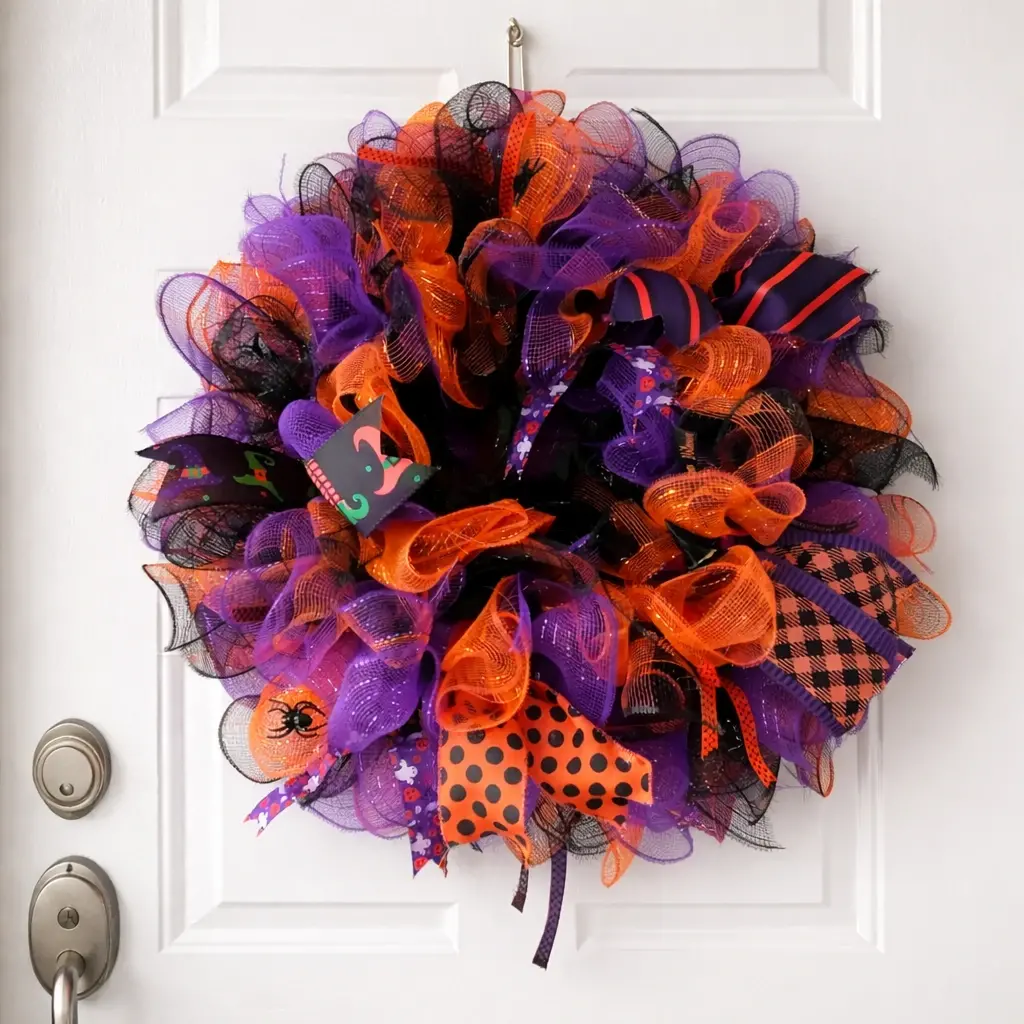 Halloweenkrans paars, oranje en zwart