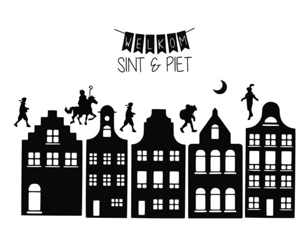 Herbruikbare Sinterklaas raamsticker met grachtenpandjes, Sinterklaas op zijn paard en Pieten – ideale raamdecoratie voor de feestdagen
