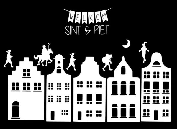 Herbruikbare Sinterklaas raamsticker met huisjes. in de kleur wit