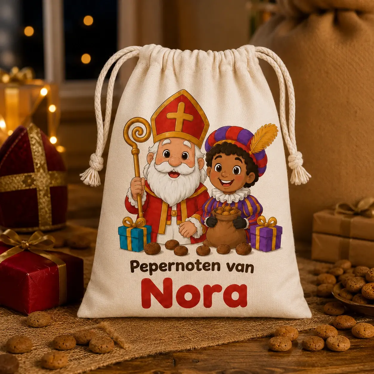 pepernoten zakje met sint en piet erop
