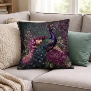 kussenhoes met pauw illustratie en bloemen – decoratie voor in huis