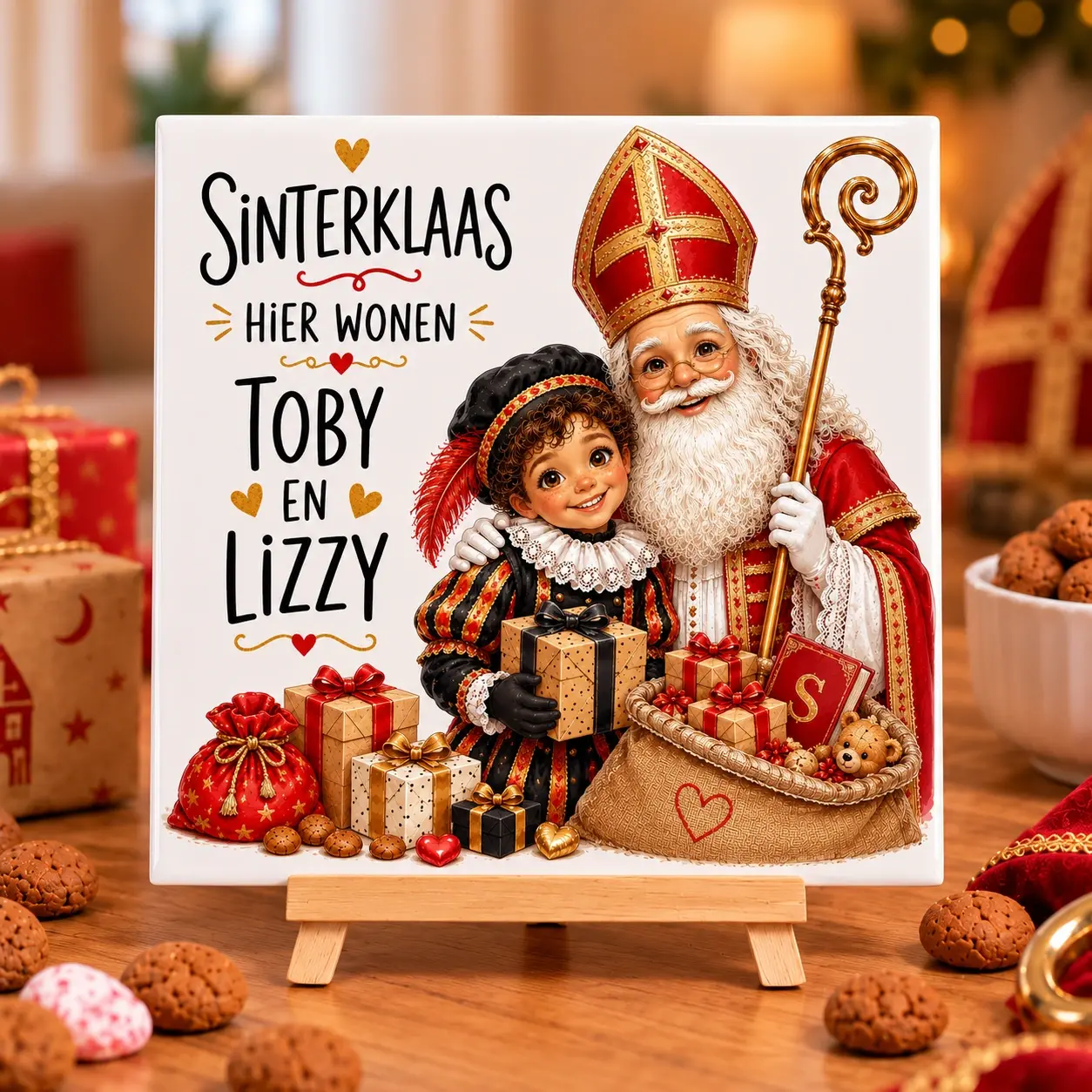 Sinterklaas tegeltje met namen Toby en Lizzy en Sinterklaas illustratie