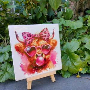 tegel met afbeelding, roze koe met kauwgombel